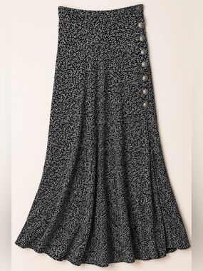 Vintage Caché Maxi Skirt Size 4 Black Ivory Floral Silver Buttons Rayon 90s Y2K